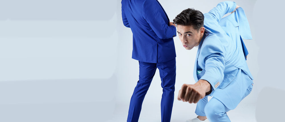 two guys in blue stretch cotton suits