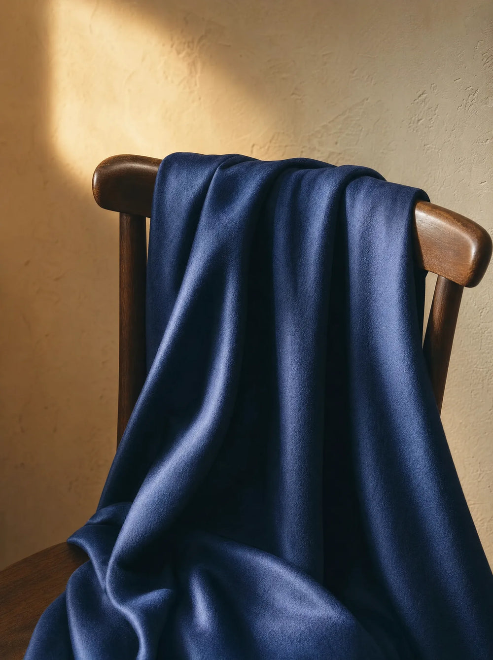 Deep midnight-blue kid mohair fabric draped over a wooden chair, its luminous sheen catching warm evening light
