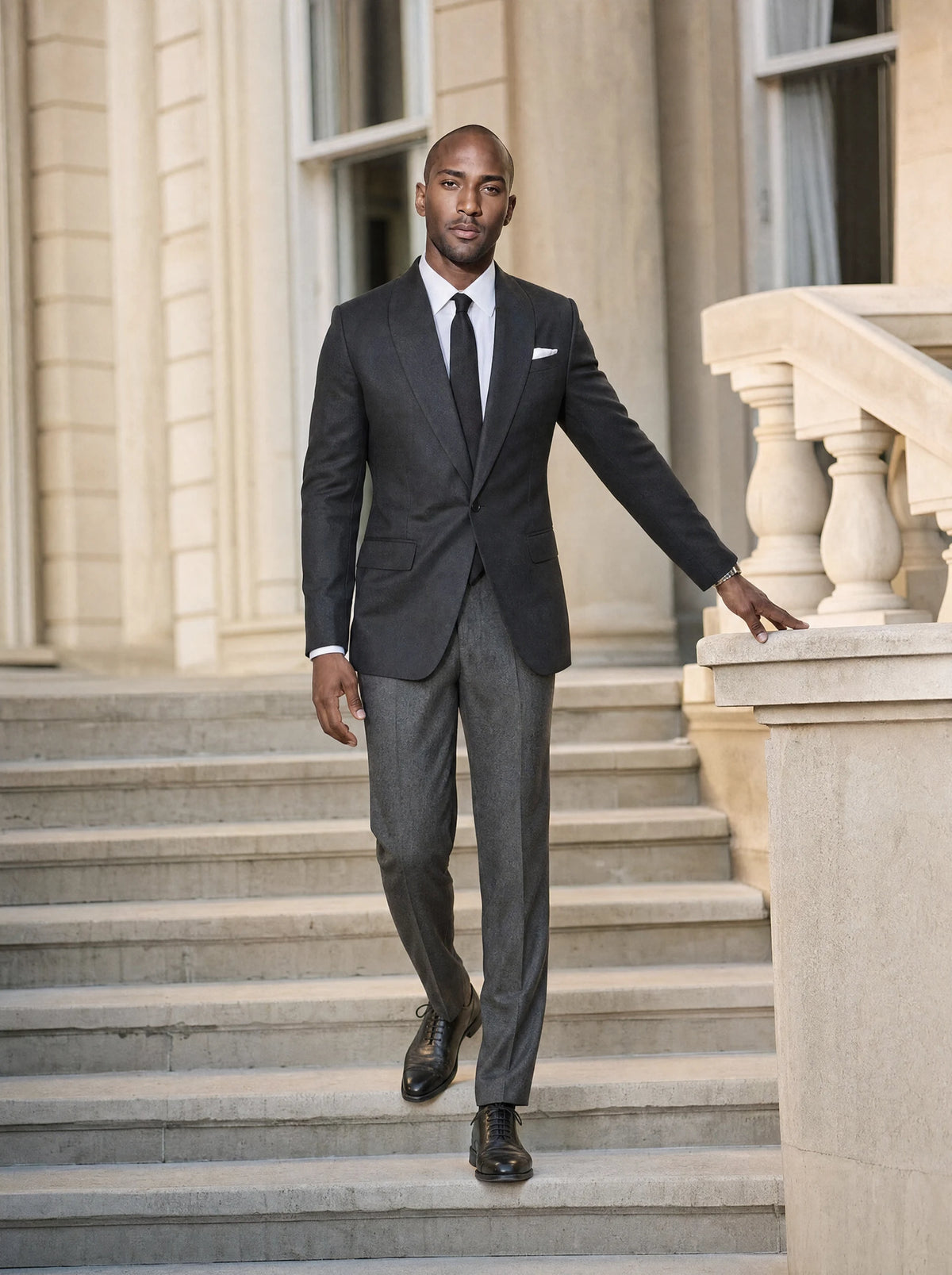 Monroe Shimmer Black Jacket worn by a model, embassy staircase406