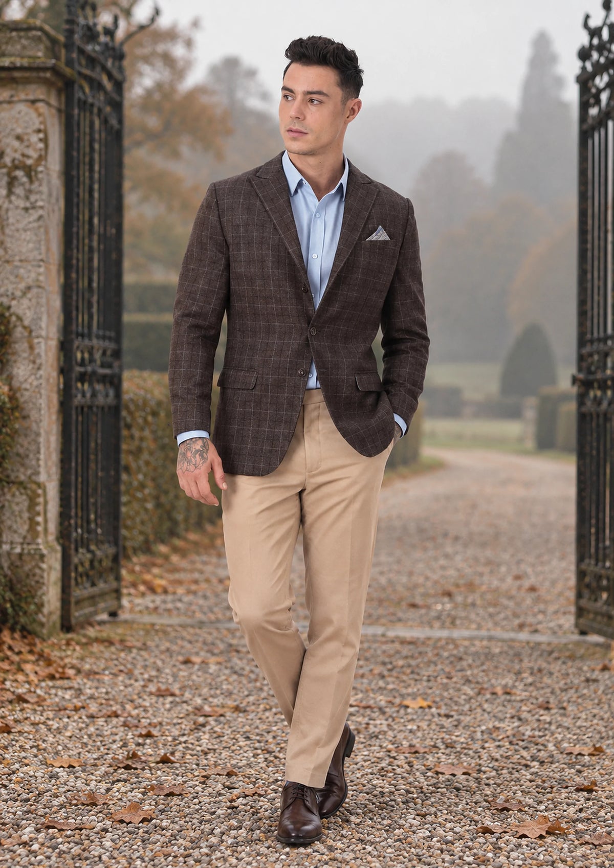 Cedar Brown Flannel Windowpane Jacket worn by a model, estate gravel drive214
