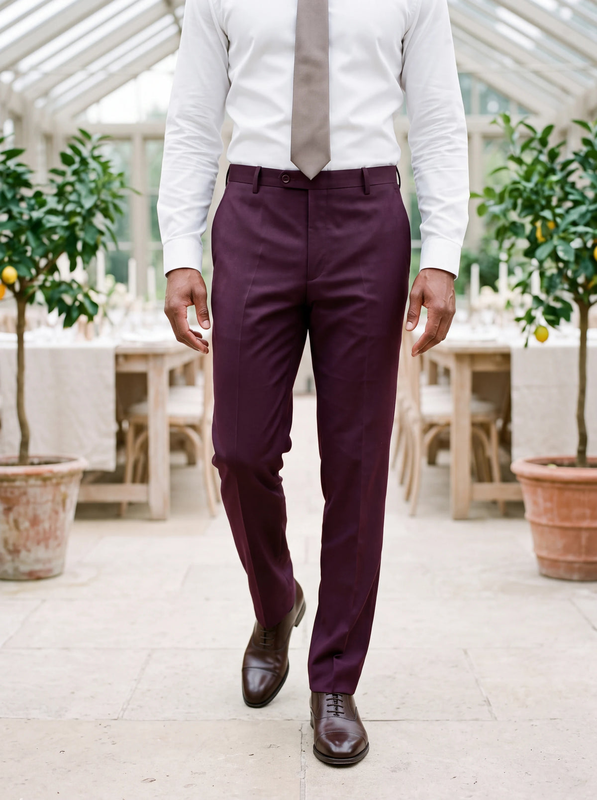 Mulberry Twill Pants worn by a model, orangery wedding lunch290