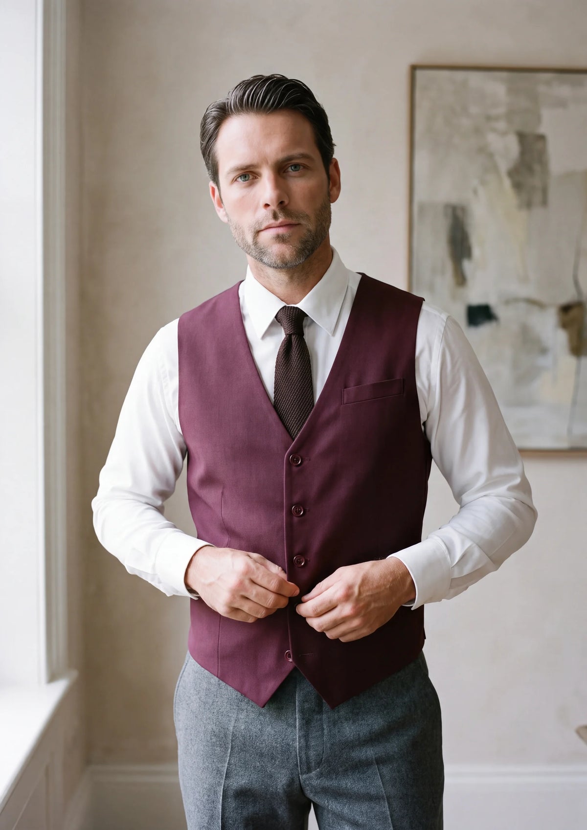 Mulberry Twill Vest worn by a model, private bank meeting room304