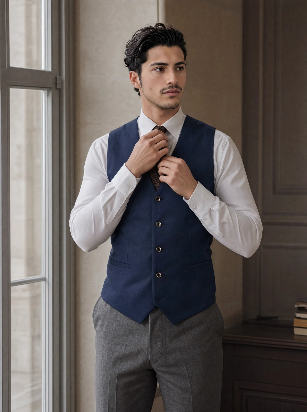 Navy Crosshatch Vest worn by a model, bank office window119