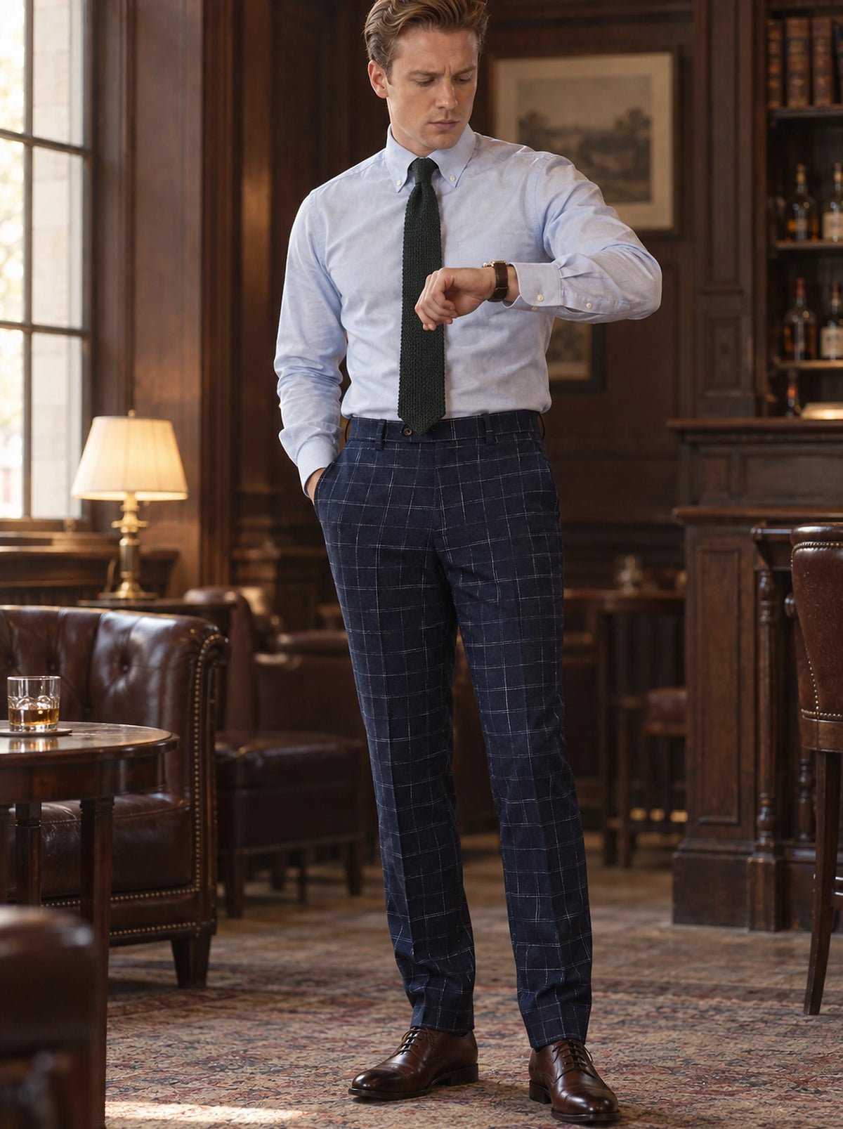 Navy Flannel Windowpane Pants worn by a model, club whisky bar962