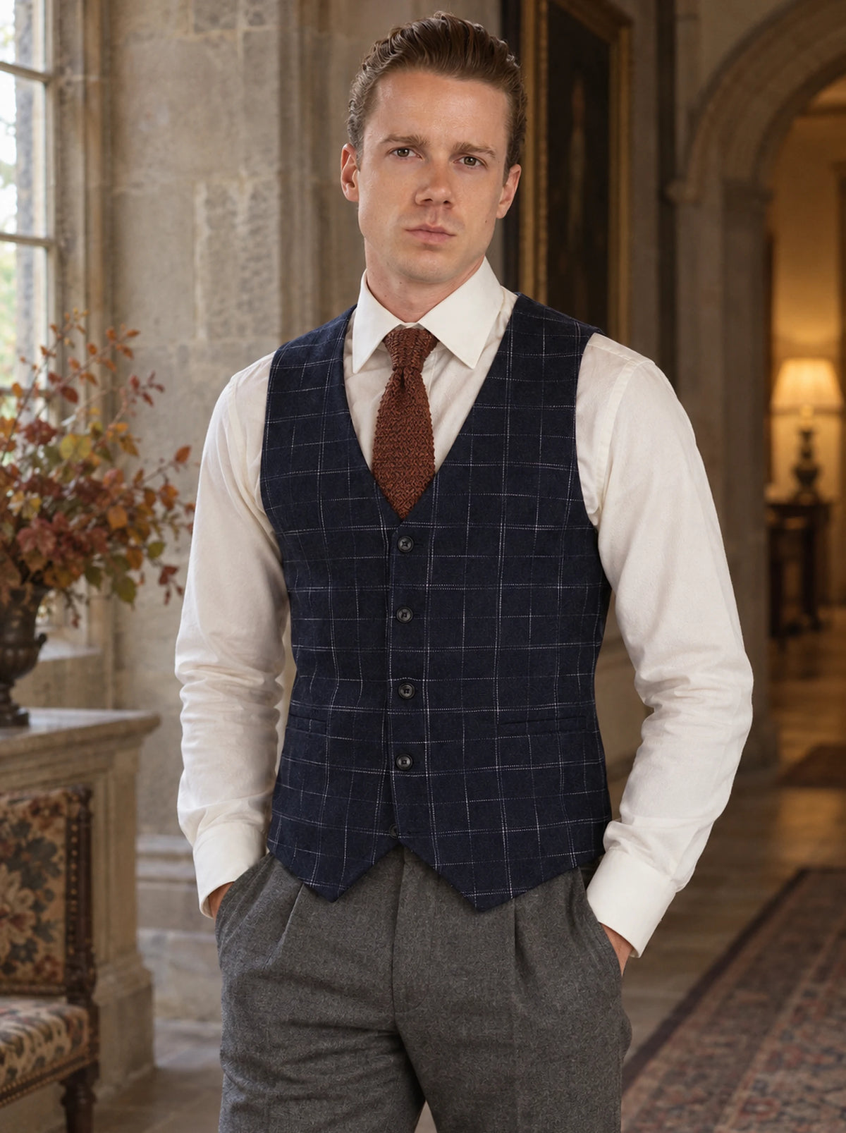 Navy Flannel Windowpane Vest worn by a model, country house hall228