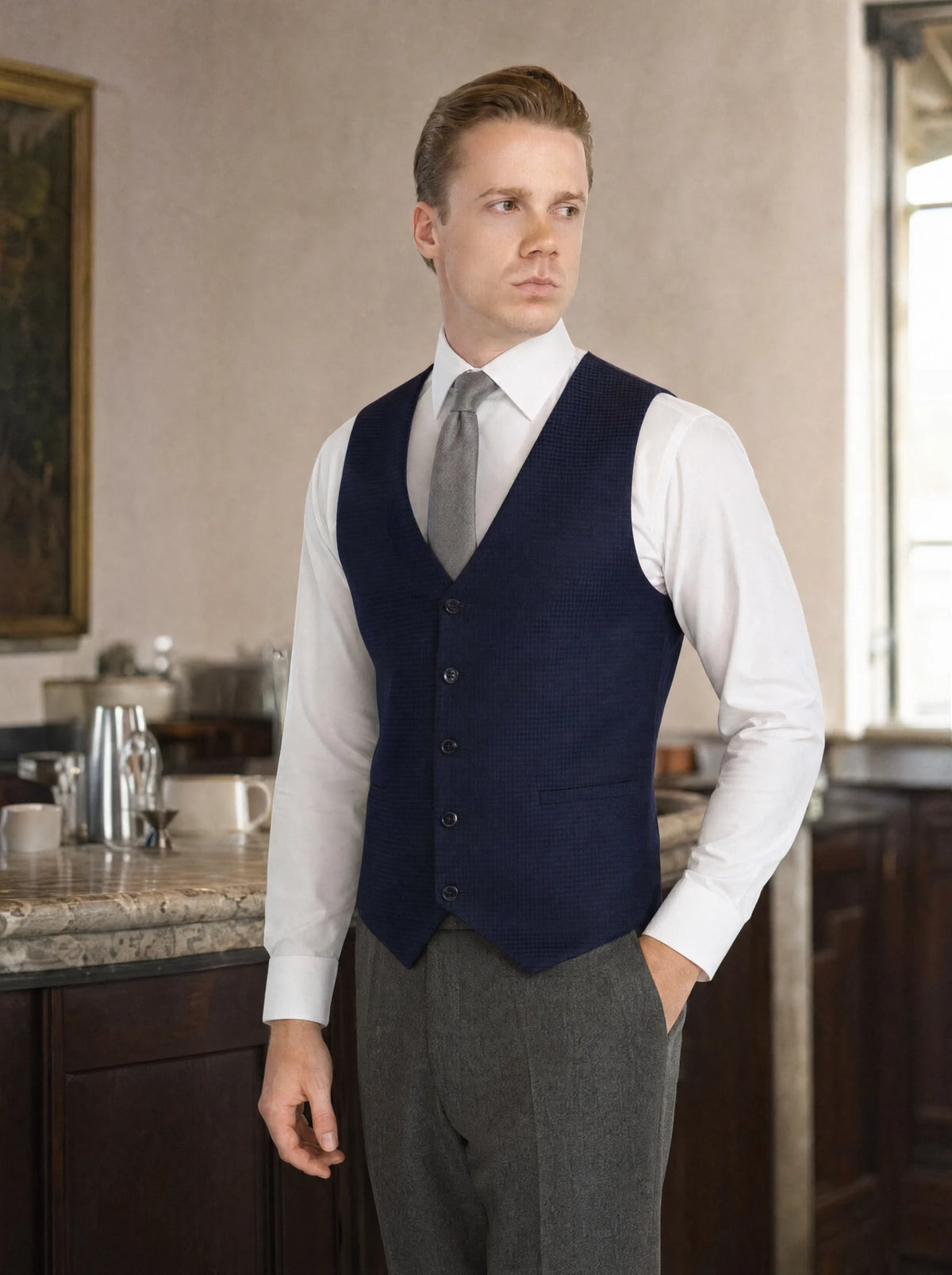Navy Microcheck Vest worn by a model, hotel bar afternoon547