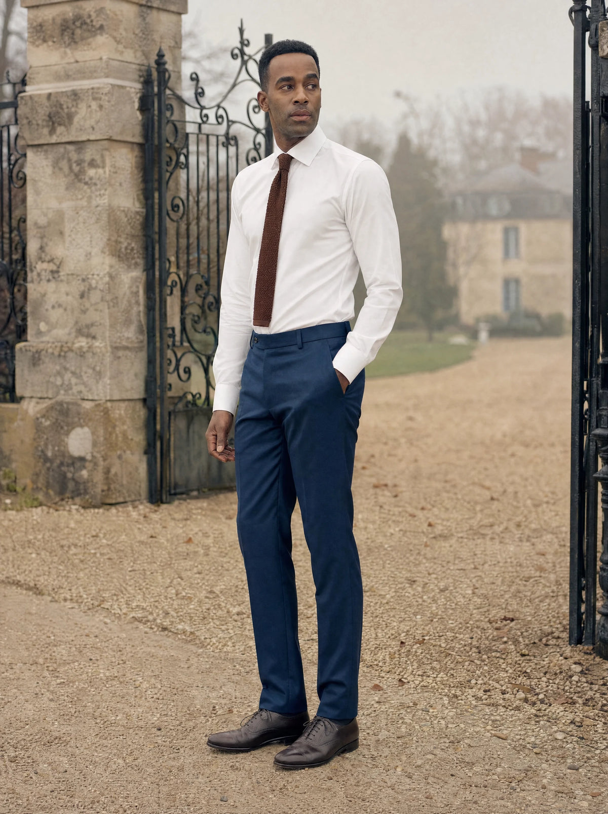 Navy Twill Pants worn by a model, estate gravel drive246