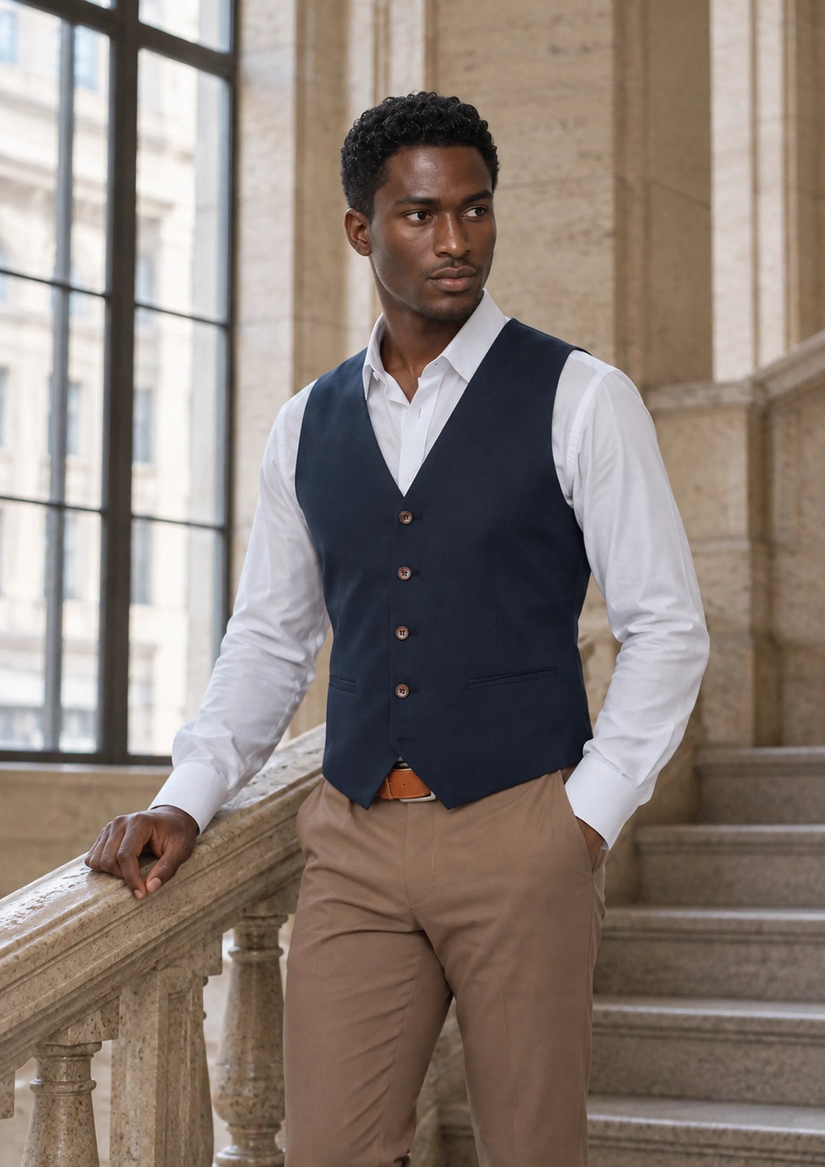 Navy Sharkskin Vest worn by a model, office lobby 1930s368