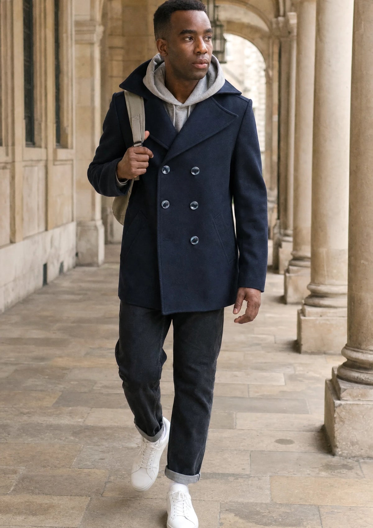 Navy Wool Signature Short Peacoat worn over a casual outfit in a lifestyle setting418