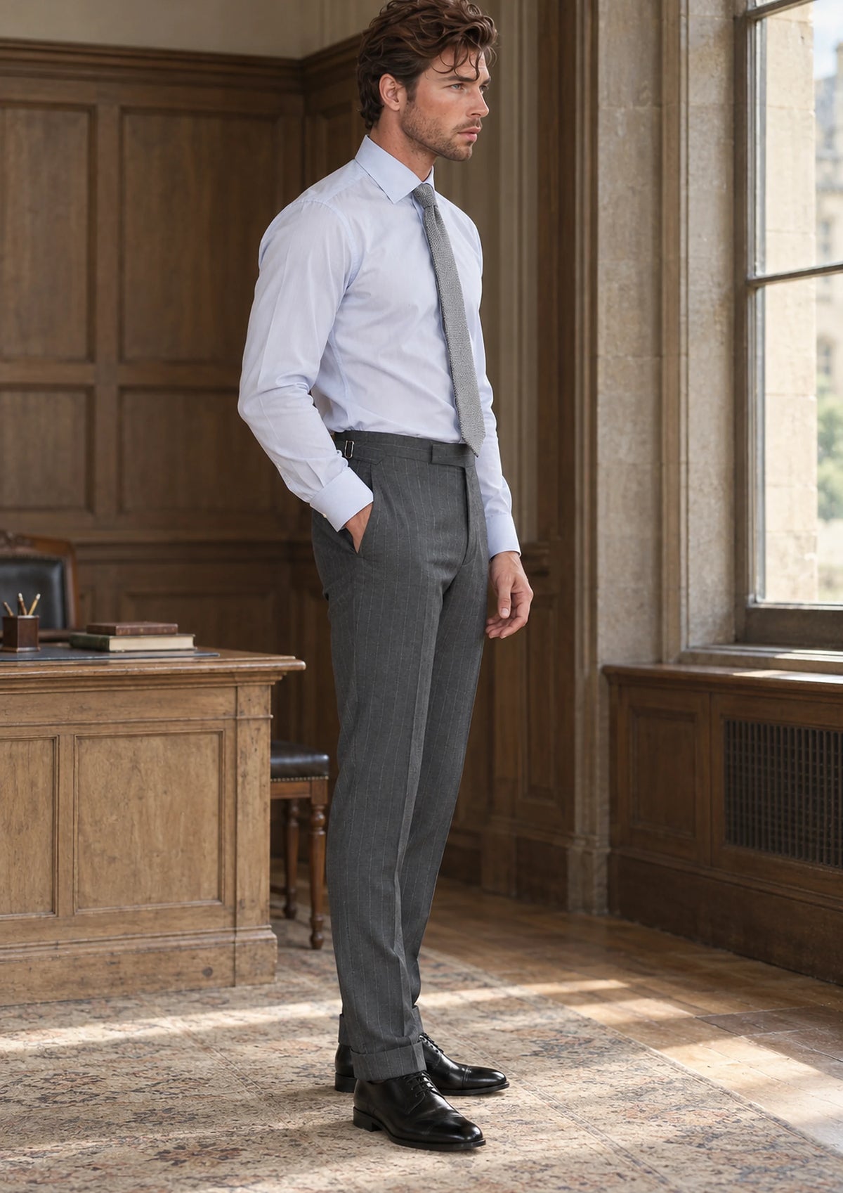 Nevada Grey Pinstripe Pants worn by a model, faculty reading room480