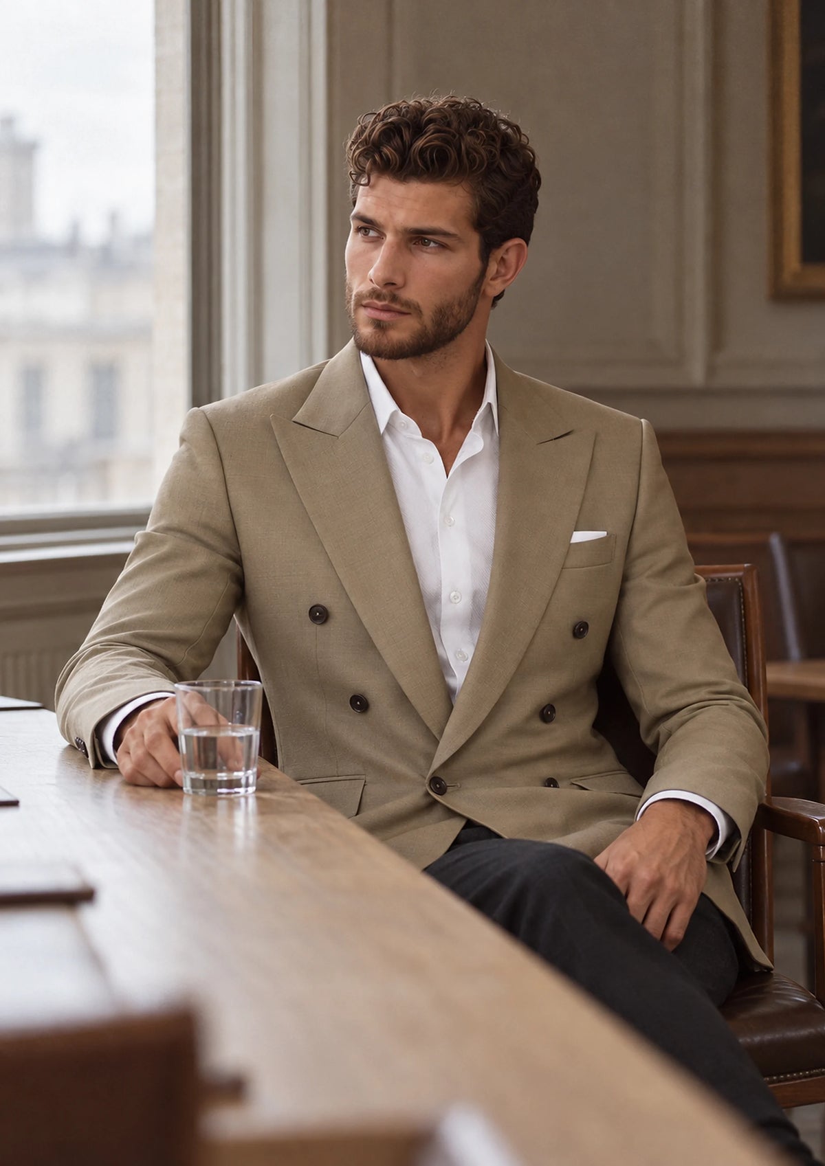 Light Brown Rockafeller Jacket worn by a model, law firm boardroom469