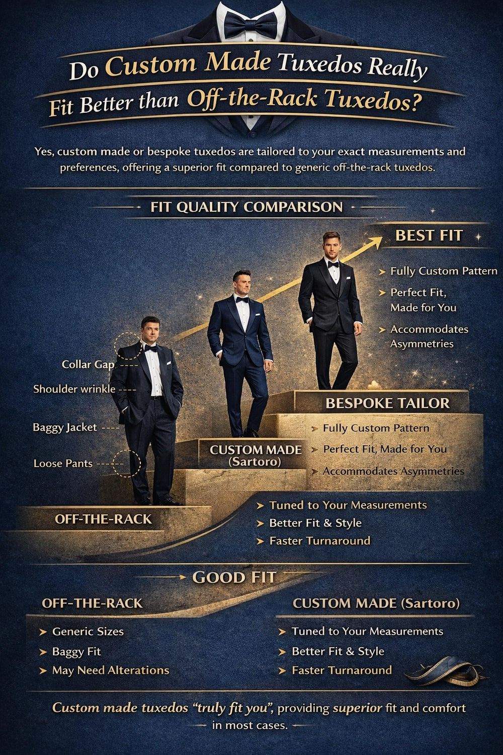 Infographic comparing tuxedo fit quality across three levels: off-the-rack, custom made (Sartoro), and bespoke tailor—highlighting better proportion, comfort, and polish at each step up.