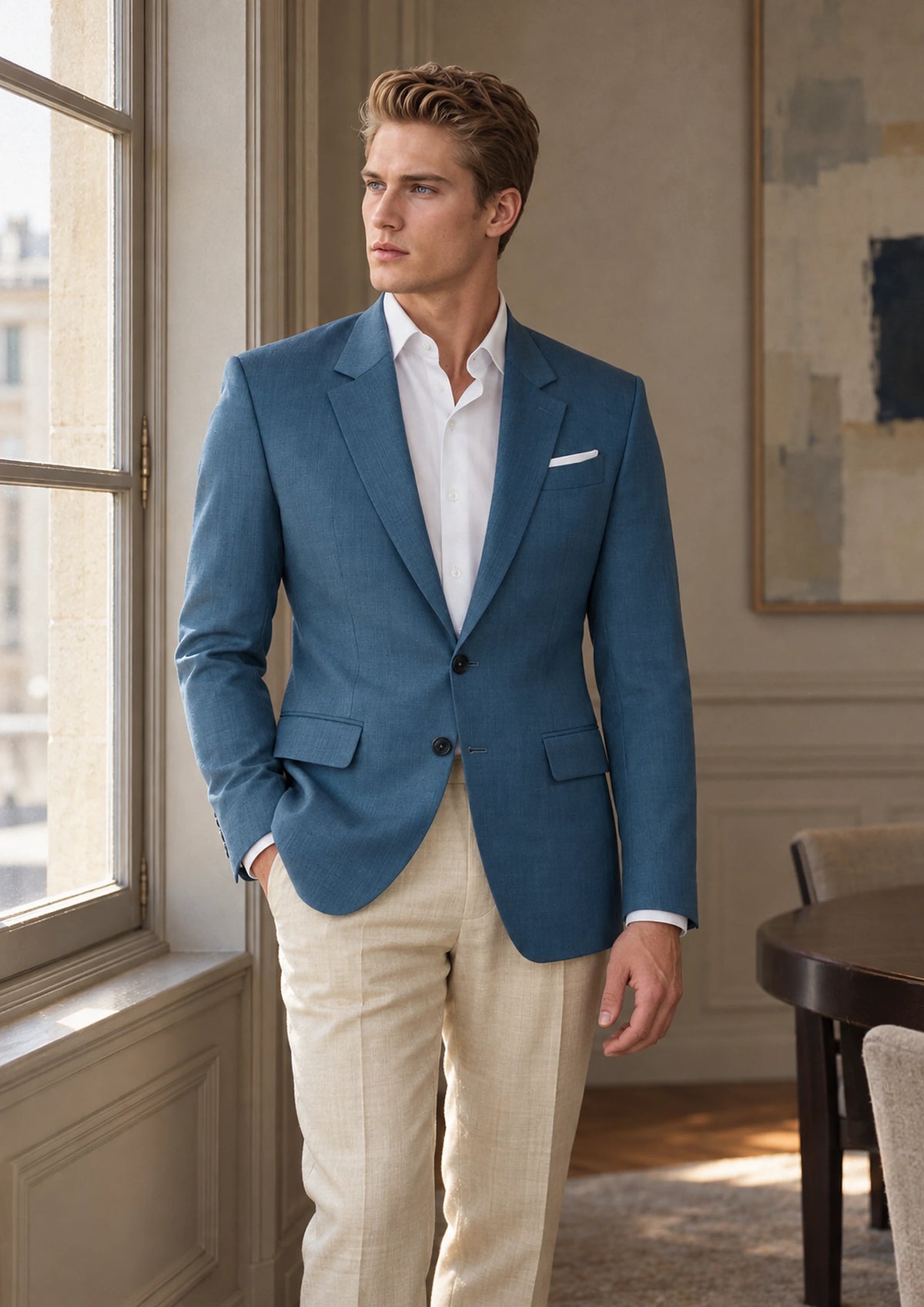 Olympic Blue Performance Jacket worn by a model, private bank meeting room480
