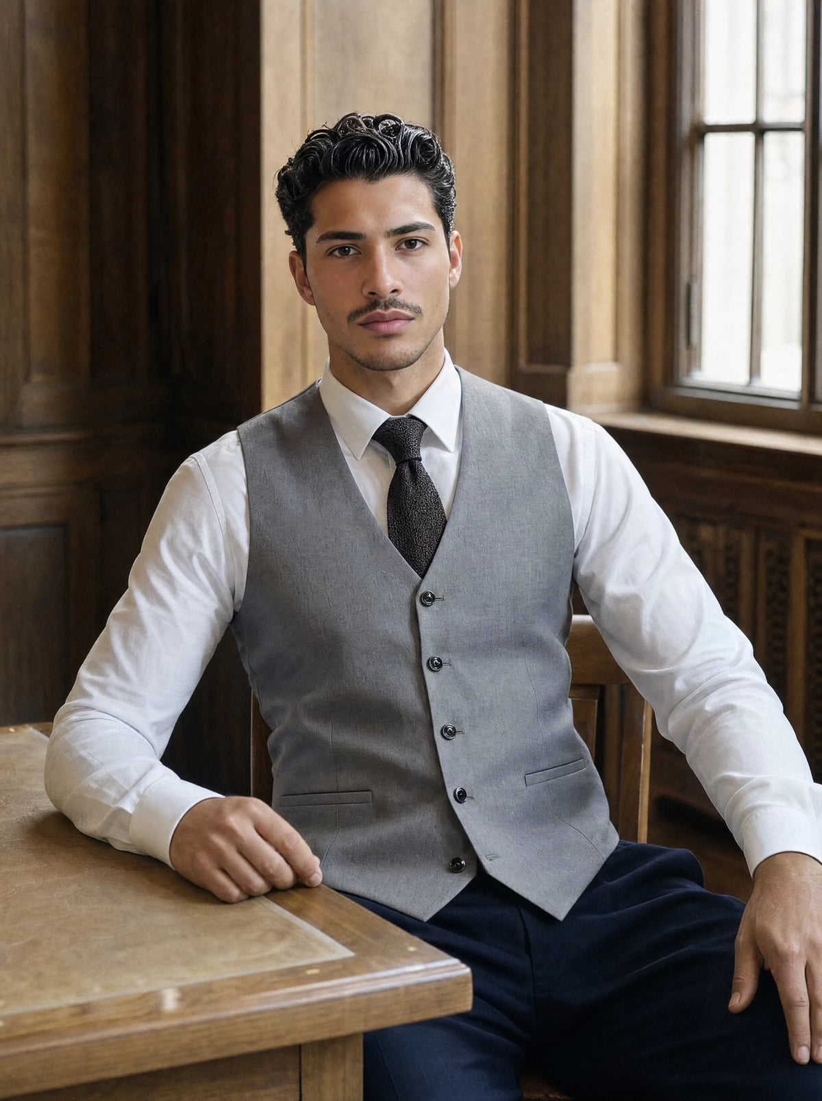 Oslo Grey Twill Vest worn by a model, faculty reading room646