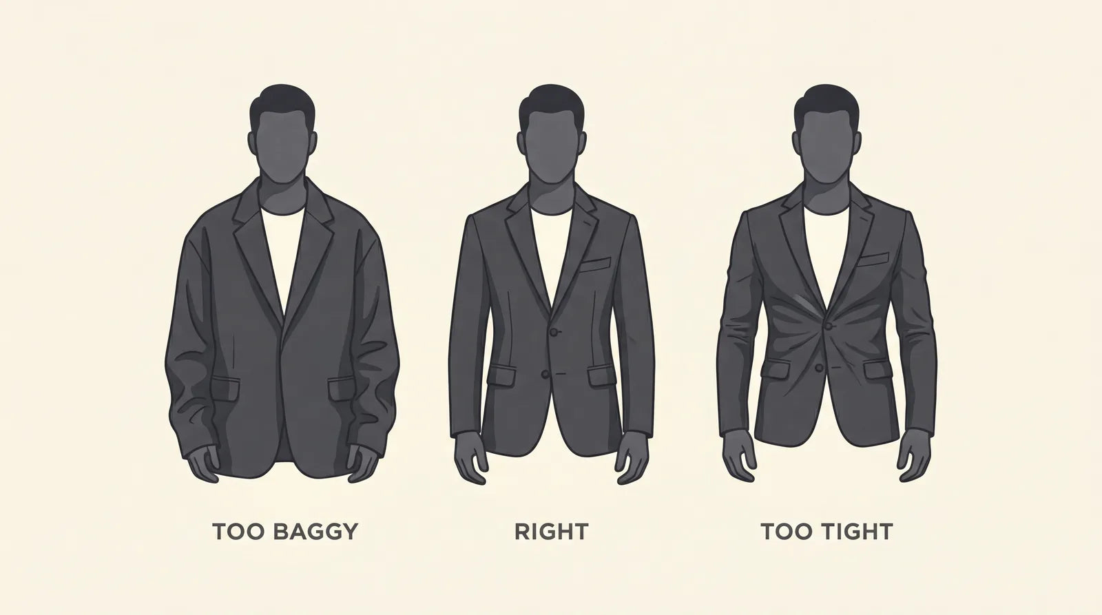 Jacket fit for an oval build: too baggy, right, and too tight
