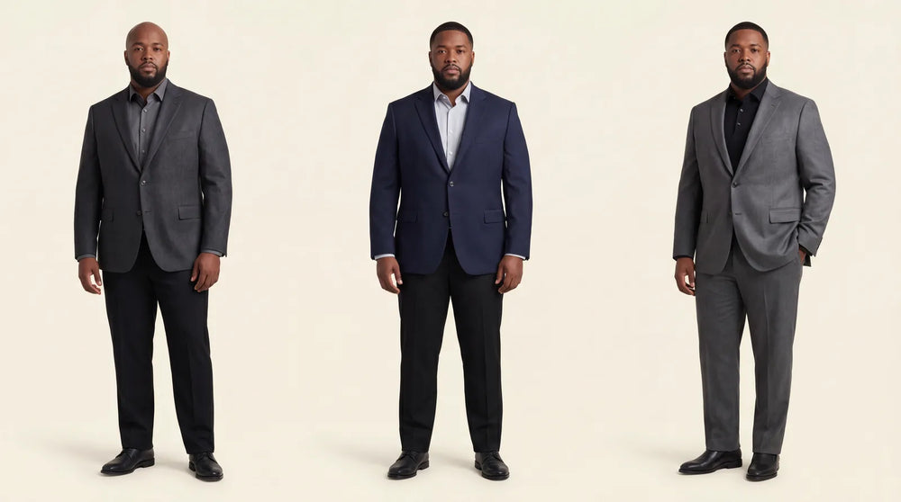 Three fuller-build men in well-fitted tailored outfits
