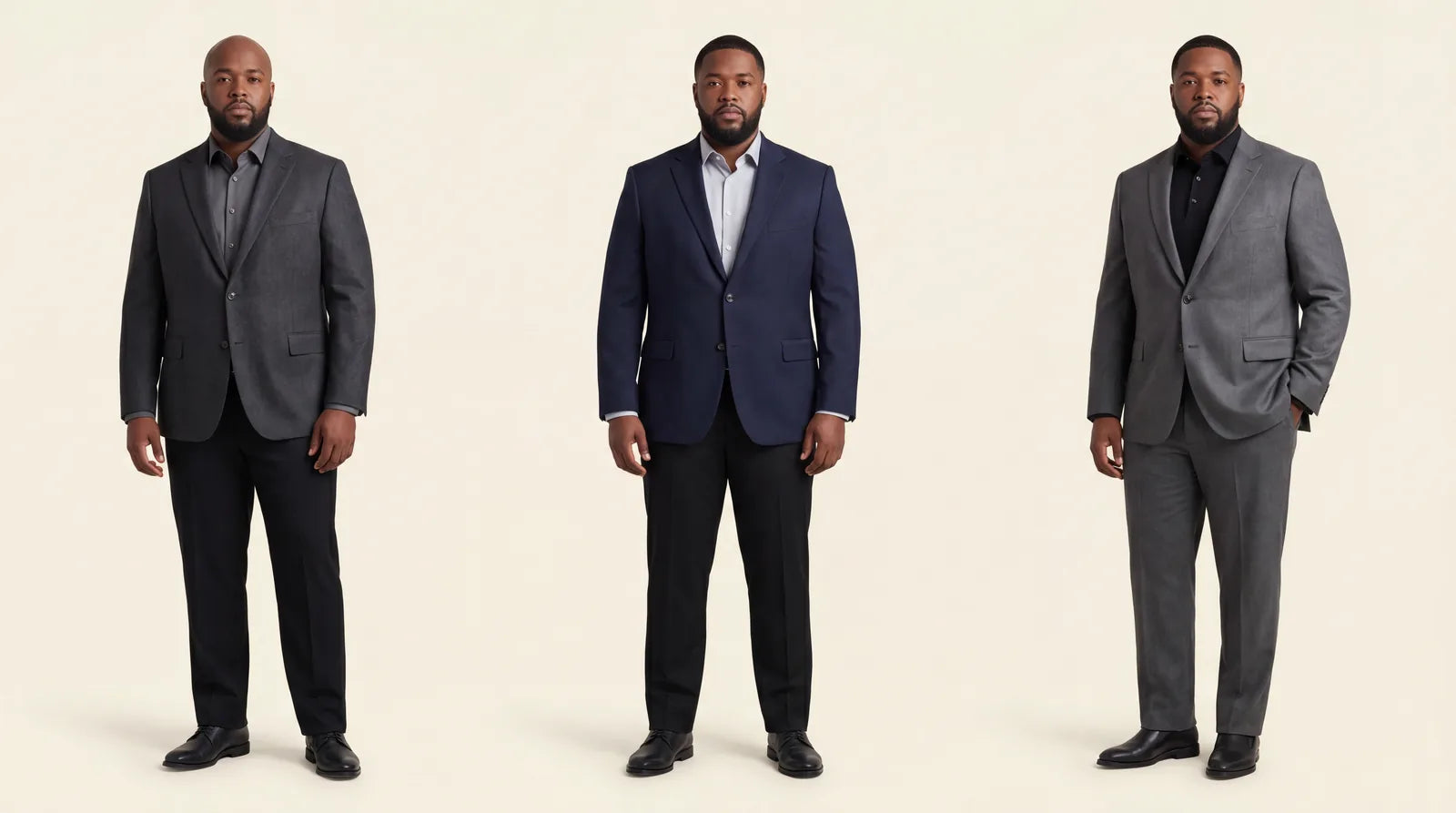 Three fuller-build men in well-fitted tailored outfits