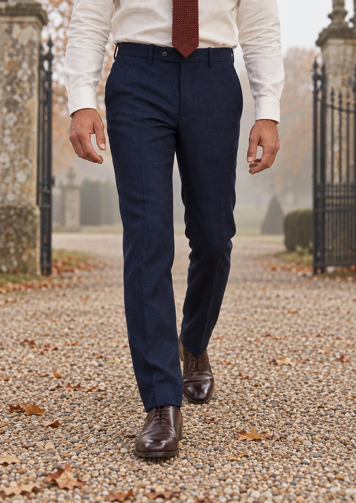 Oxford Blue Flannel Pants worn by a model, estate gravel drive474