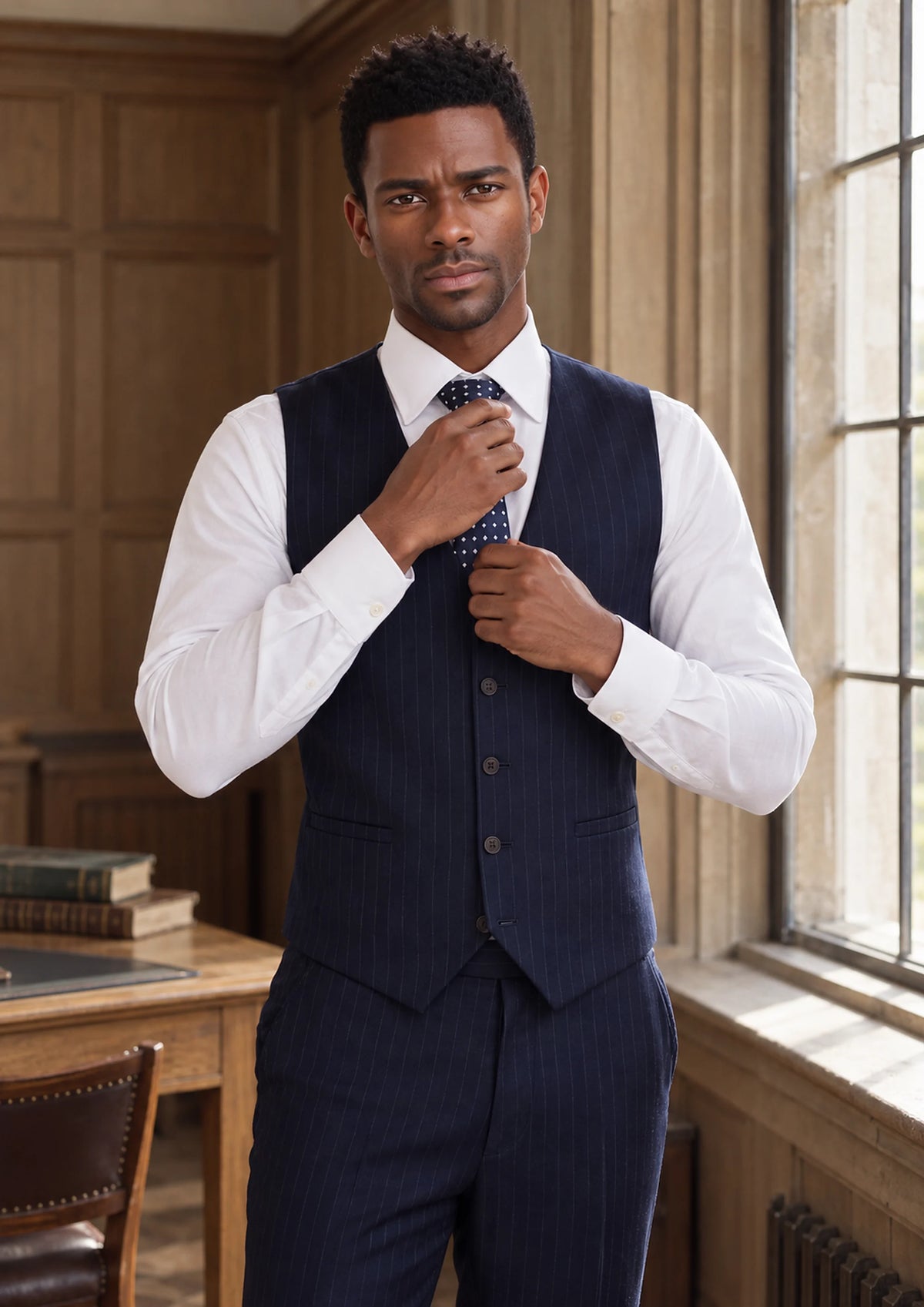 Oxford Blue Pinstripe Vest worn by a model, faculty reading room839