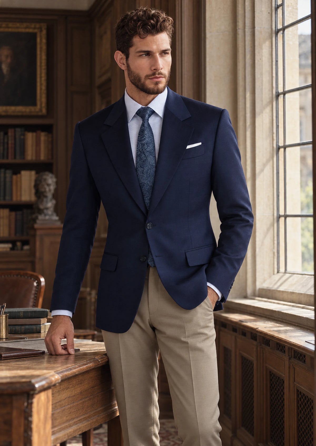 Oxford Navy Ellis Jacket worn by a model, faculty reading room93