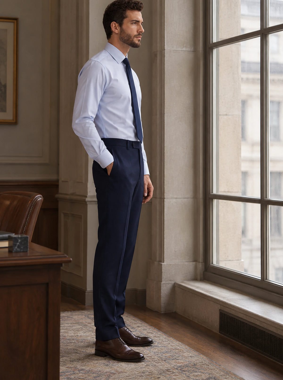 Oxford Navy Pants worn by a model, bank office window922