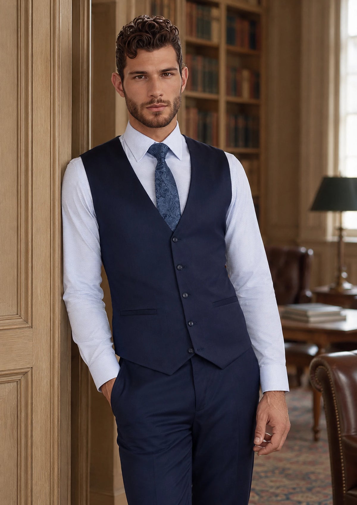Oxford Navy Vest worn by a model, club reading room852