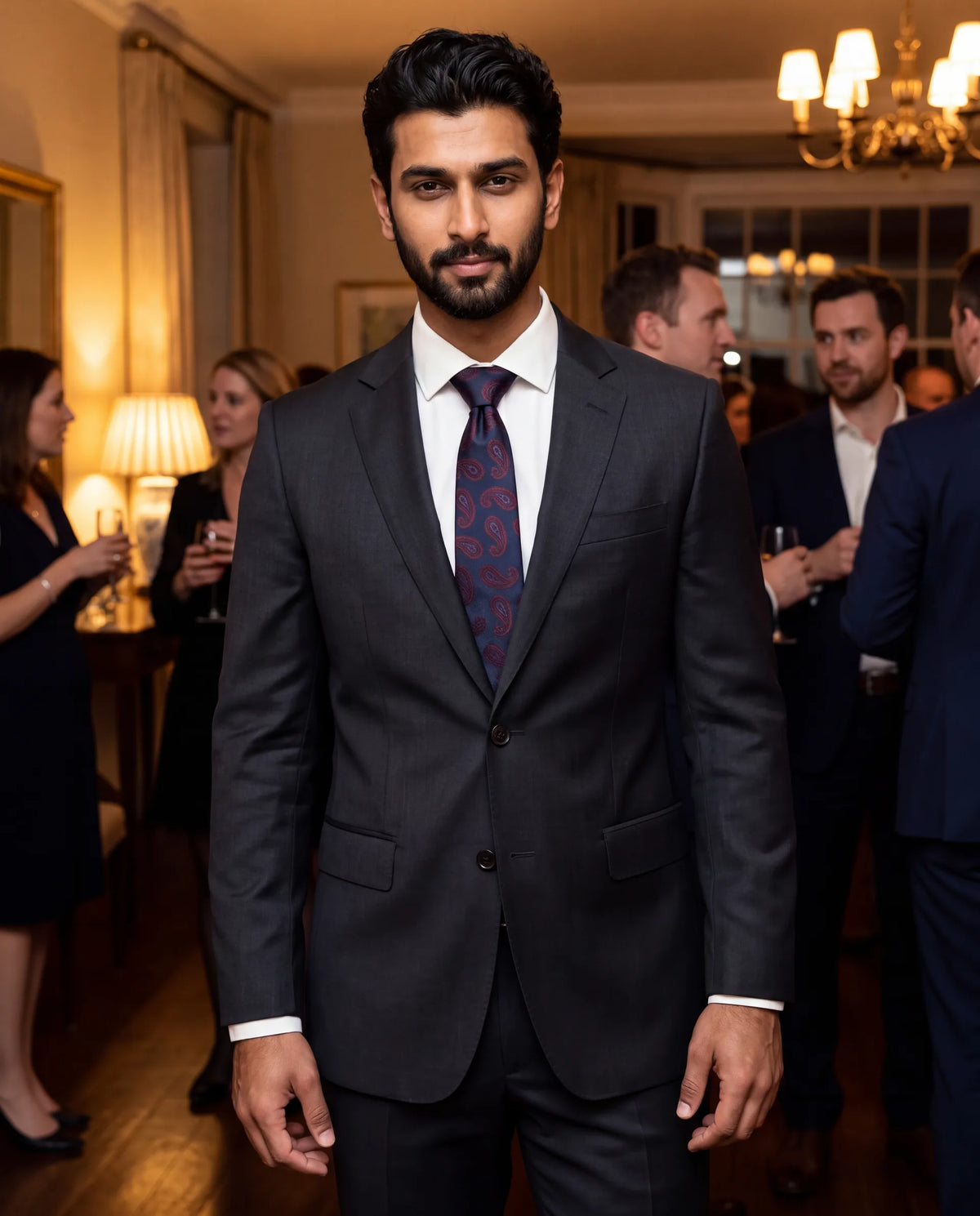 Man in a dark charcoal suit and patterned tie at an evening party