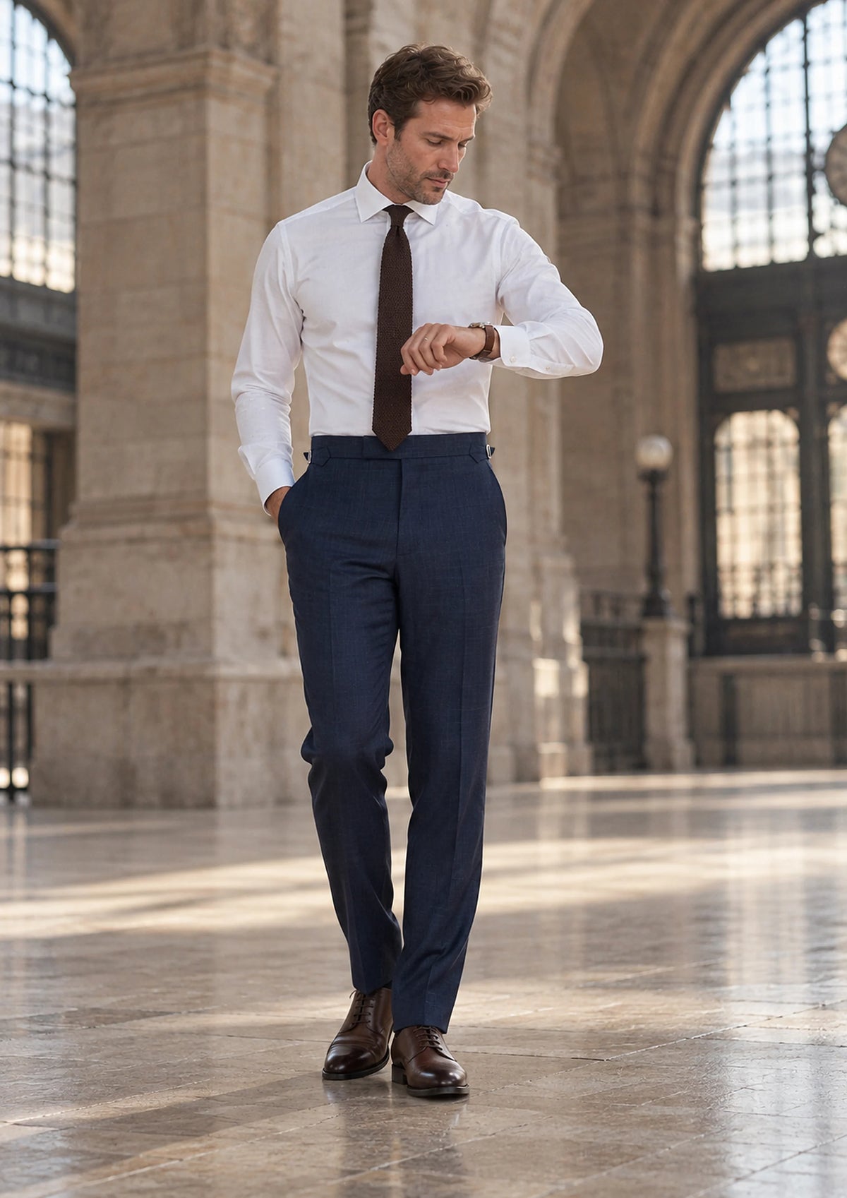 Penn Blue Sharkskin Pants worn by a model, railway station concourse692