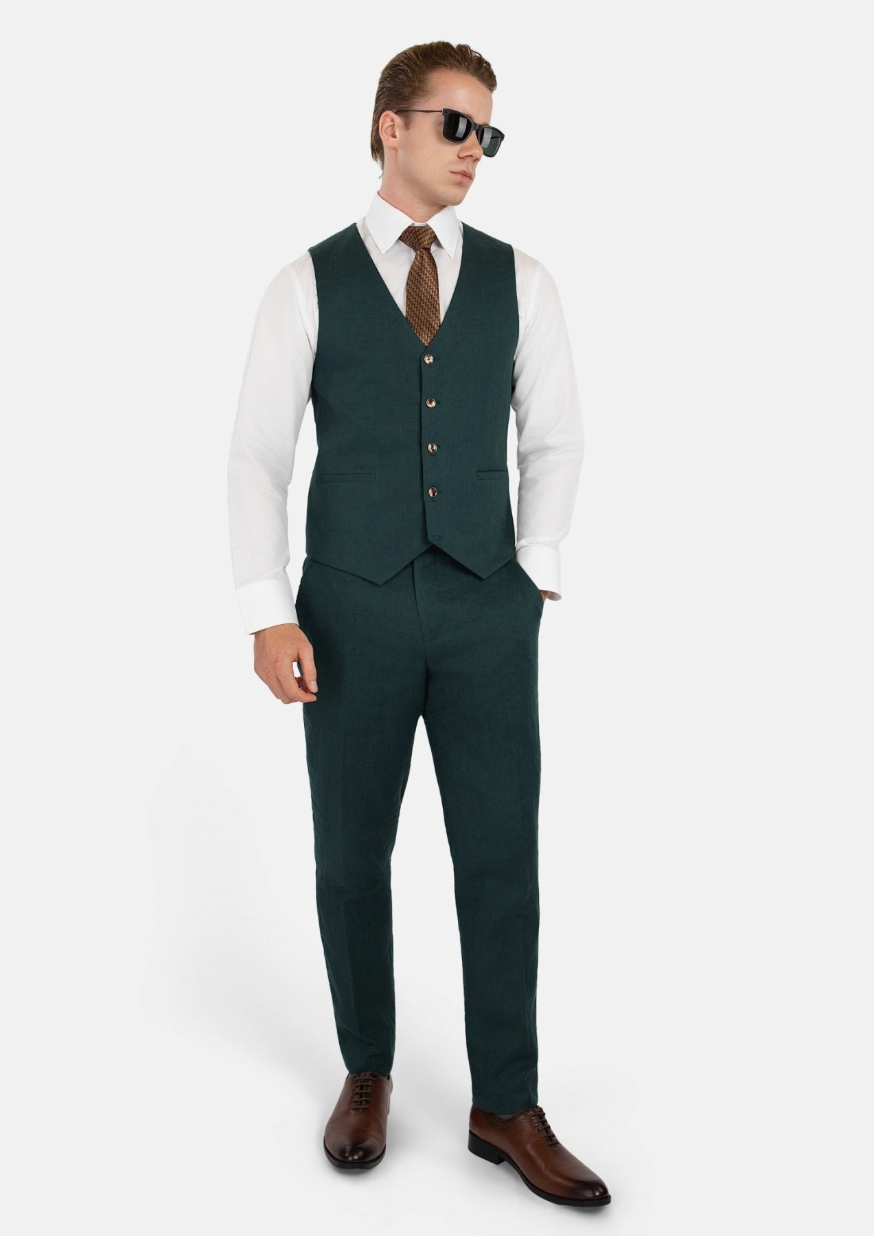 Phthalo Green Linen Vest - SARTORO