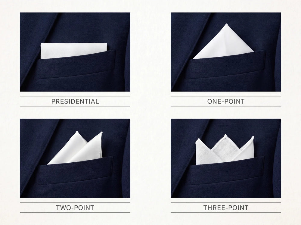 Four pocket square folds compared: presidential, one-point, two-point and three-point