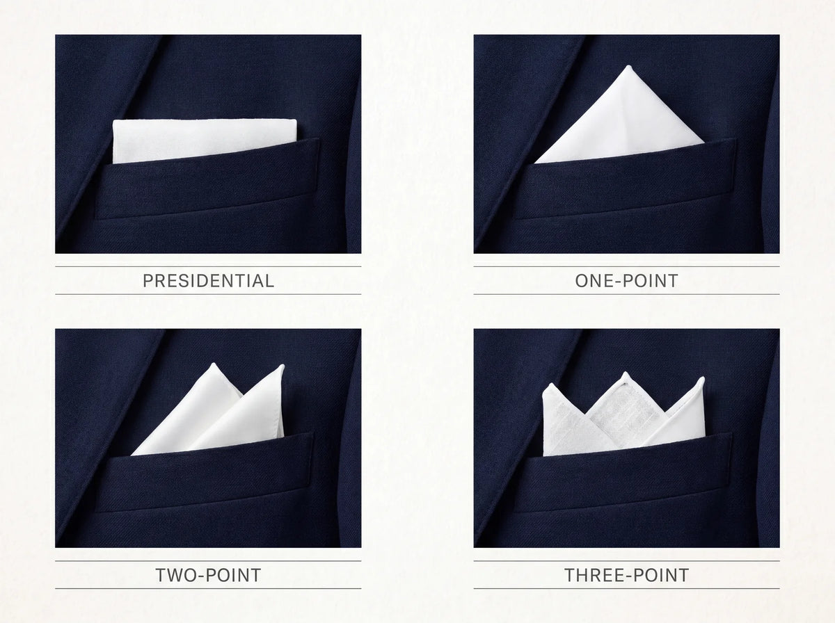 Four pocket square folds compared: presidential, one-point, two-point and three-point