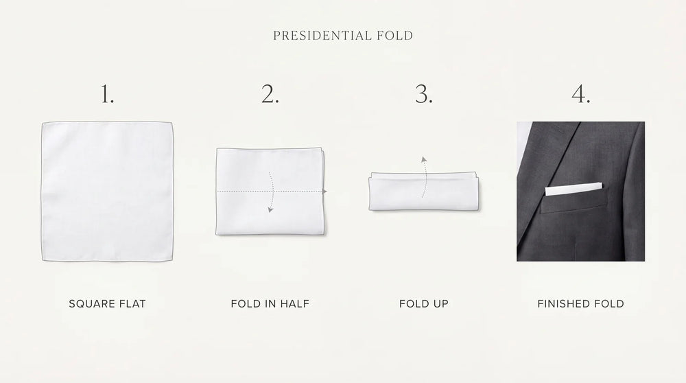 Presidential pocket square fold in four steps, finishing flat in a jacket pocket