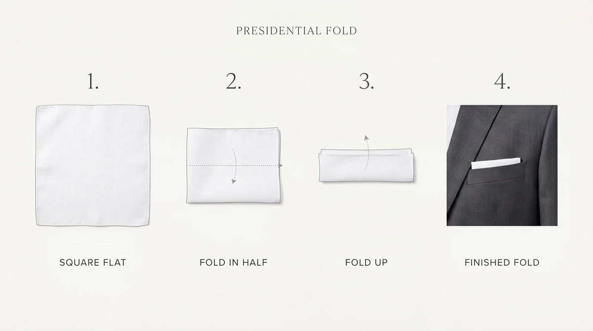 Presidential pocket square fold in four steps, finishing flat in a jacket pocket