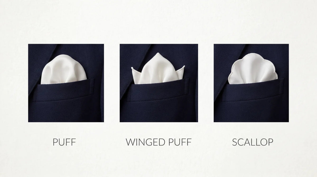 Shaped pocket square folds compared: puff, winged puff and scallop