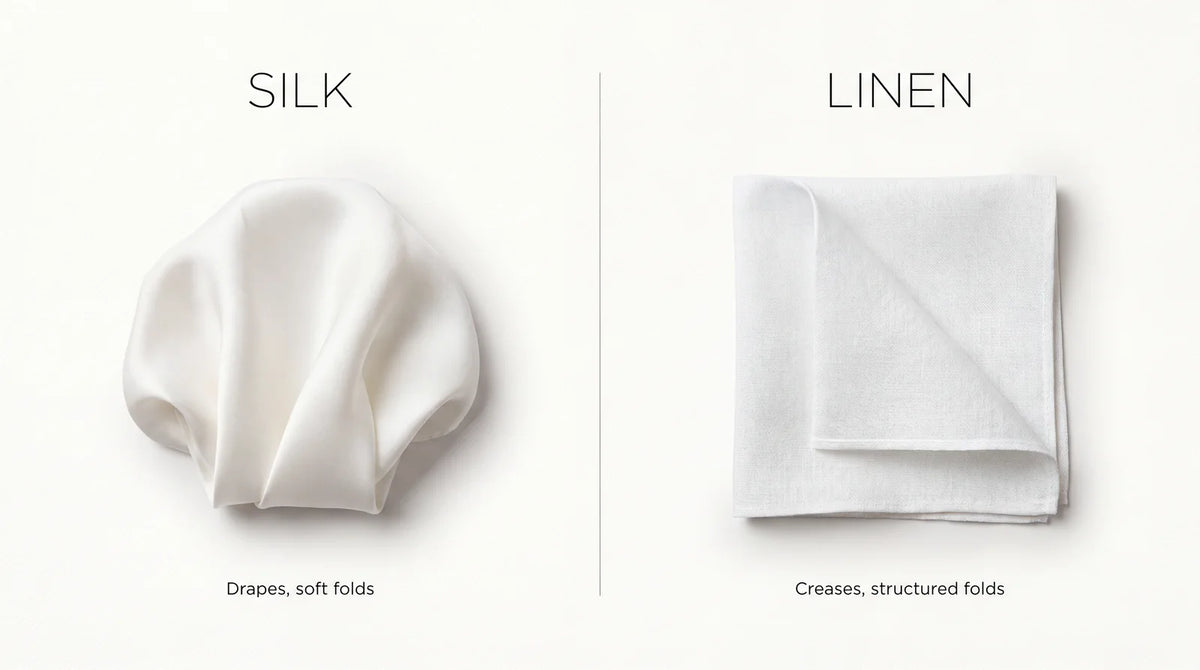 A silk pocket square in a soft puff beside a linen square in a crisp flat fold