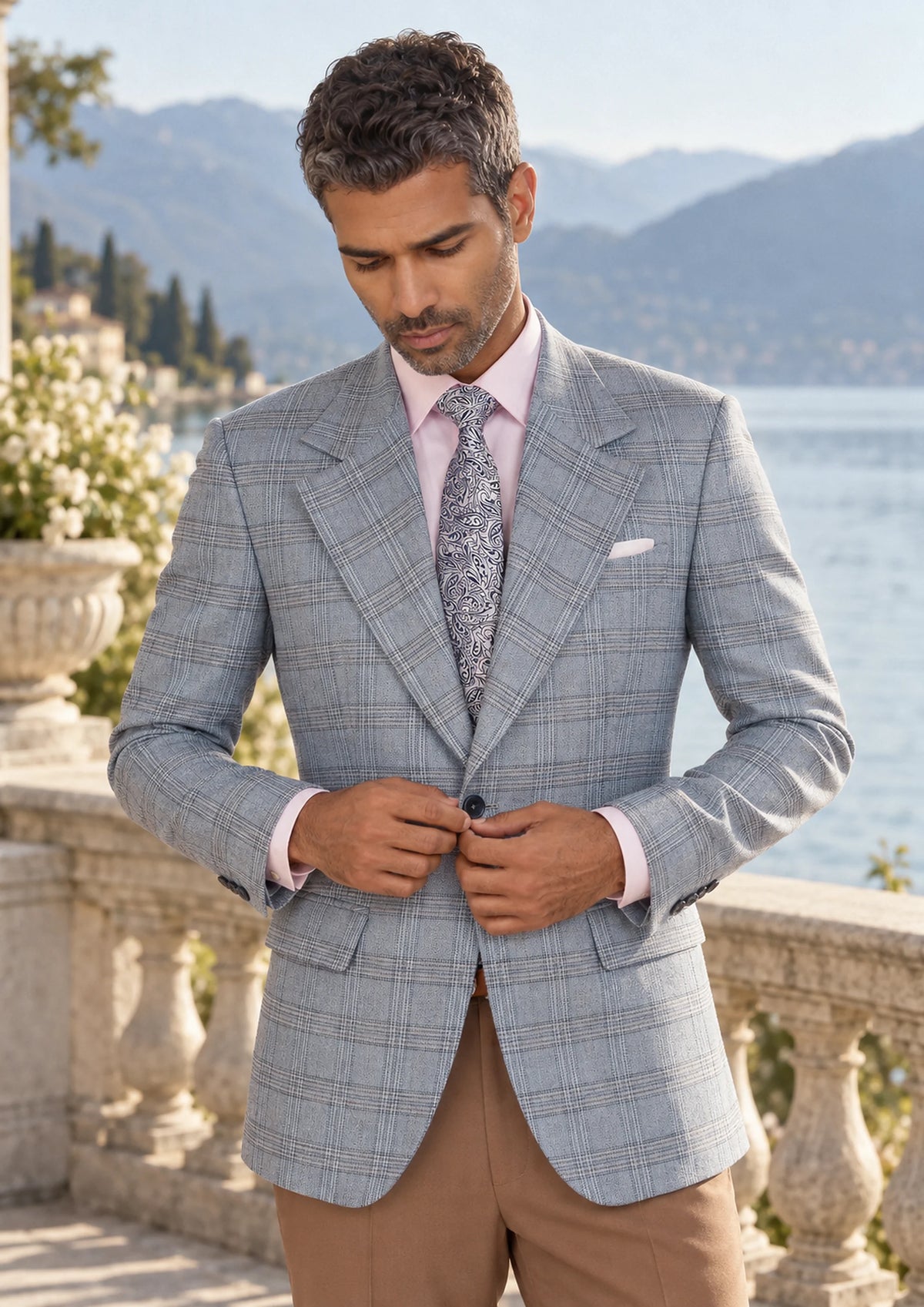 Polo Blue Glen Plaid Bamboo Jacket worn by a model, lakeside hotel terrace965