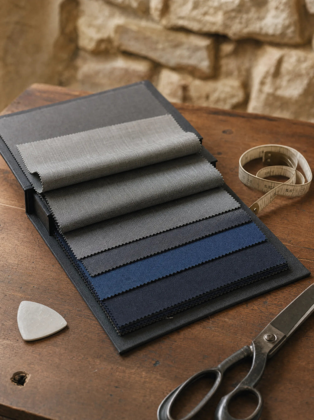 Tailor's selection scene with an open swatch book of grey and blue suiting samples, measuring tape, shears and chalk on a walnut workbench