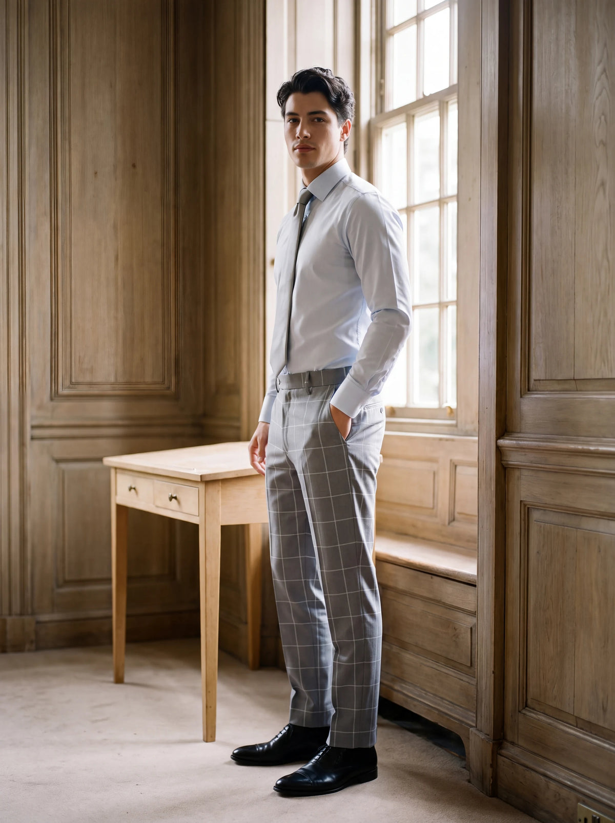 Powder Grey Windowpane Pants worn by a model, faculty reading room691