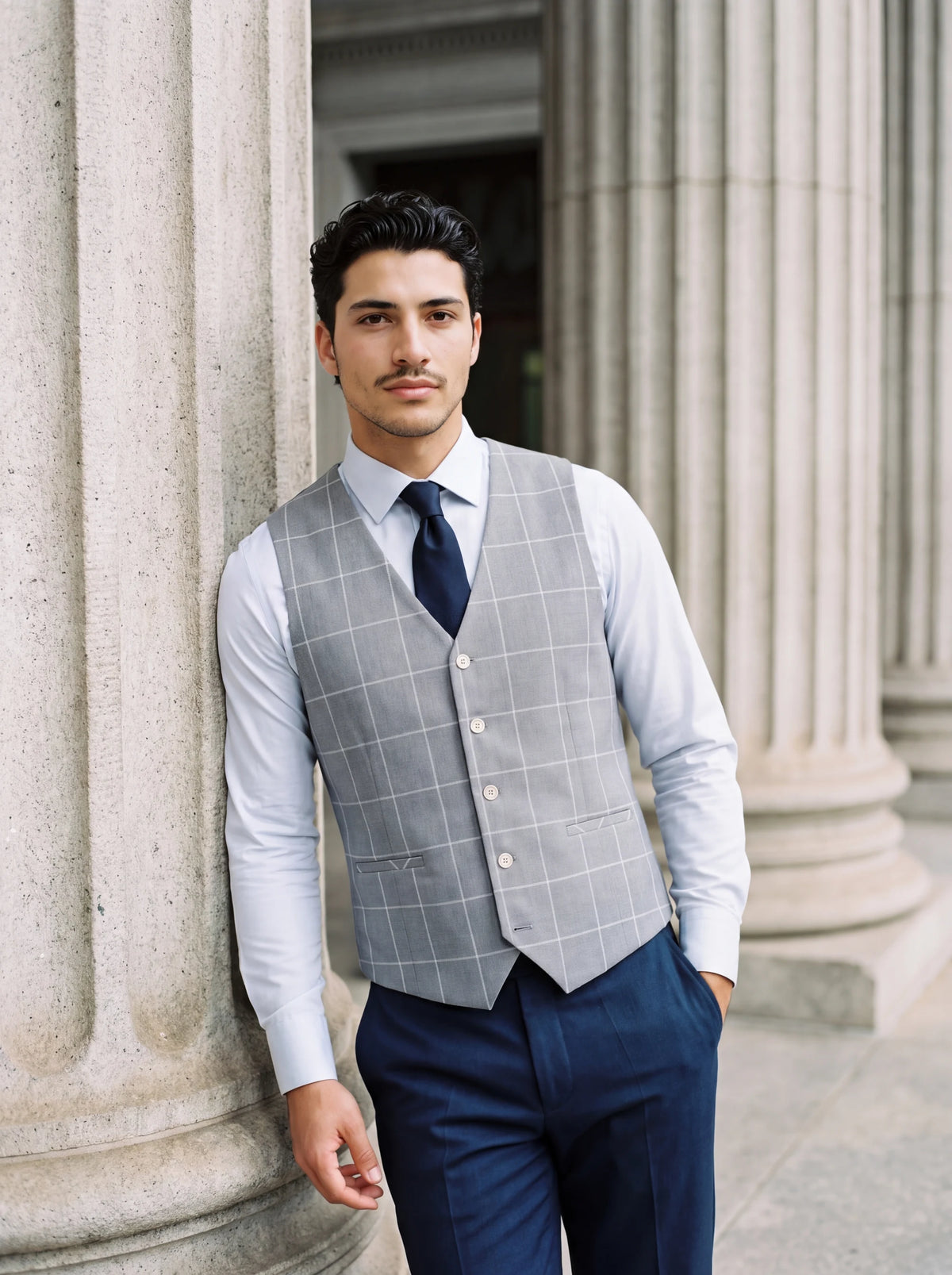 Powder Grey Windowpane Vest worn by a model, courthouse portico839