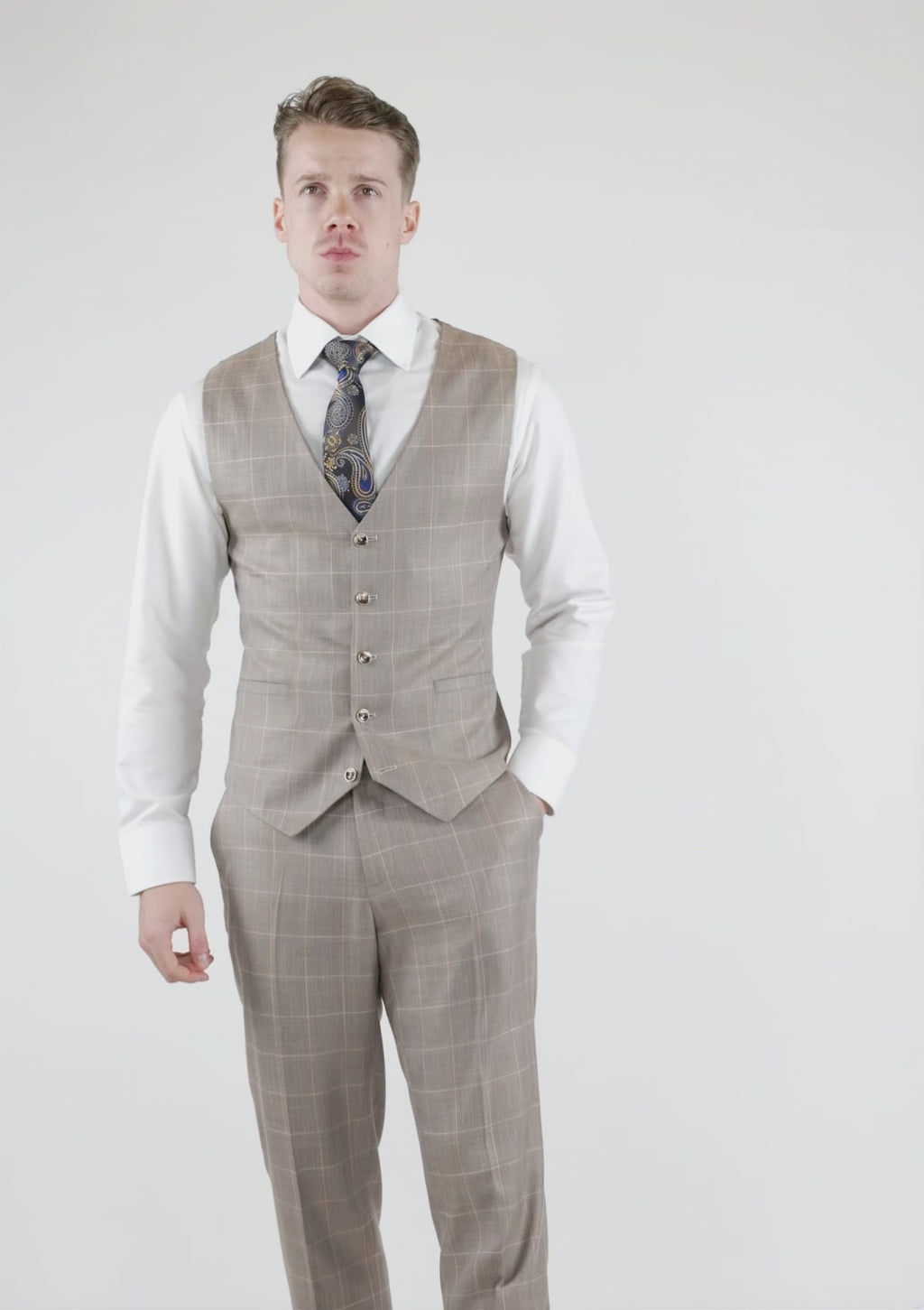 Beige Windowpane Bamboo Vest