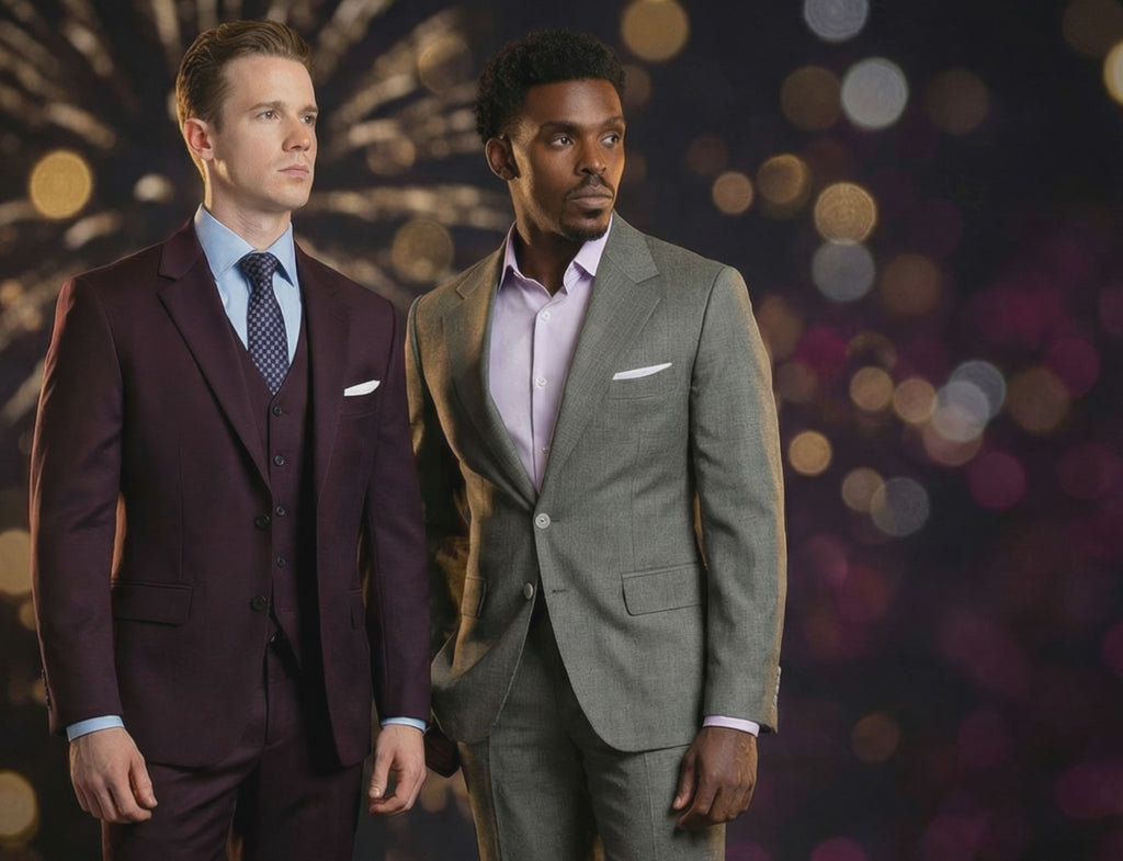two men in stylish colorful suits posing in front of fireworks