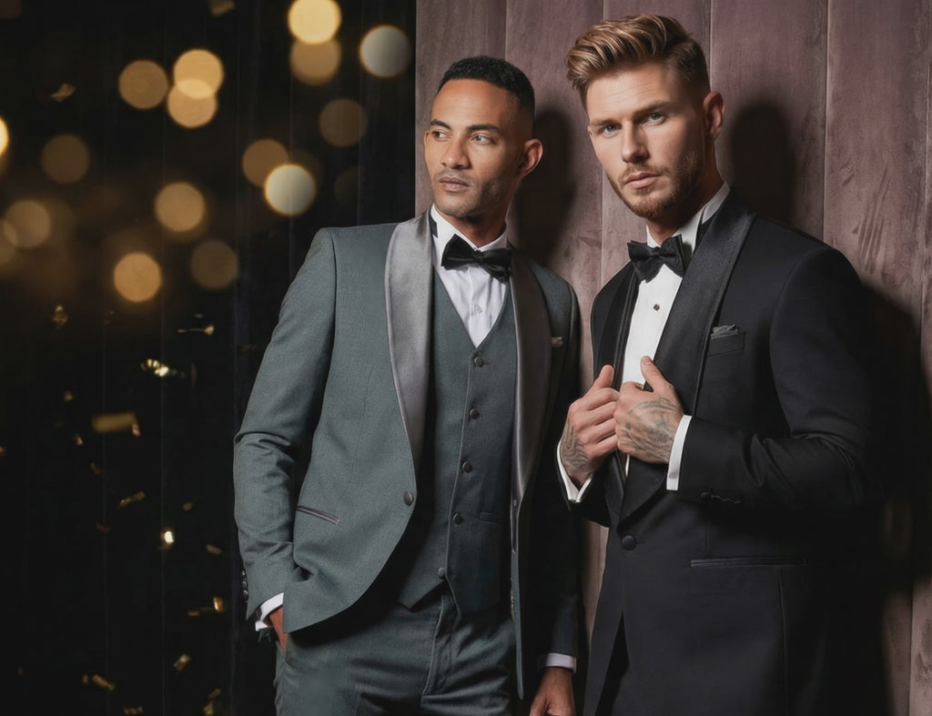two men in stylish tuxedos posing