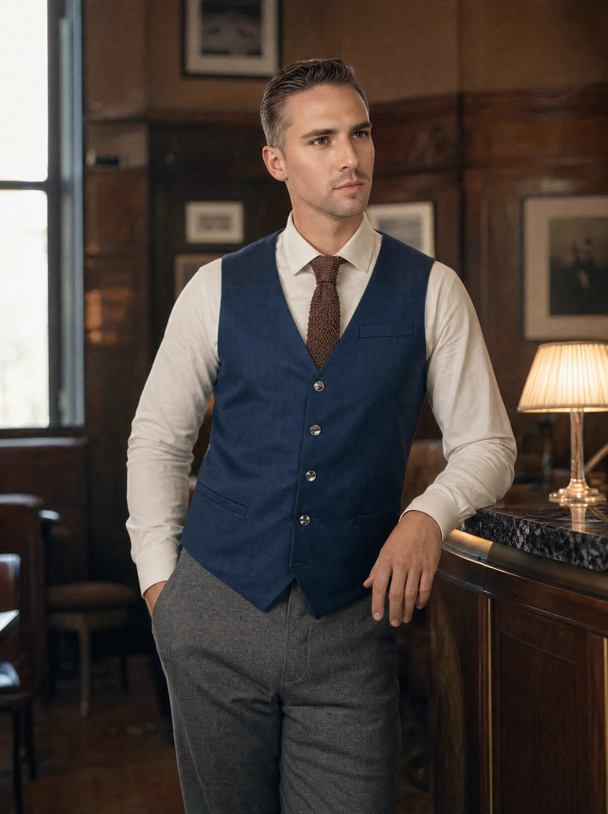 Prussian Blue Vest worn by a model, club whisky bar228