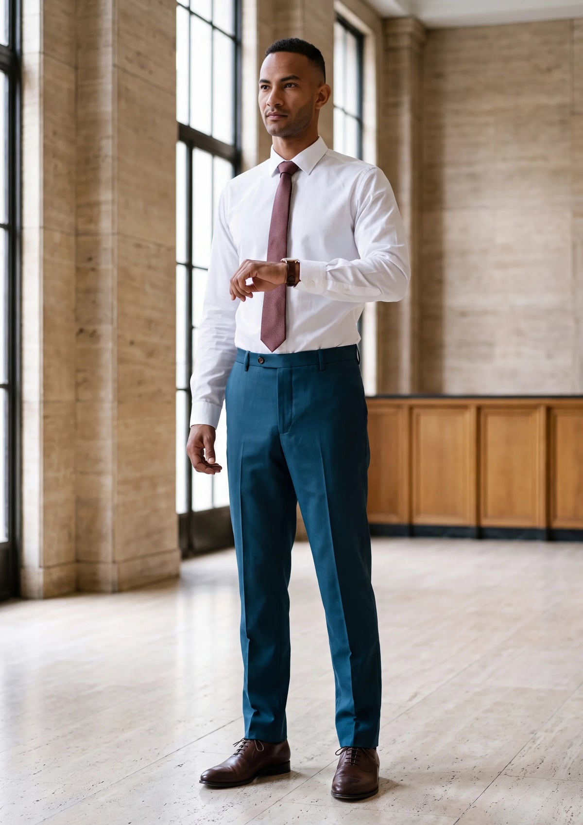 Prussian Teal Twill Pants worn by a model, office lobby 1930s490