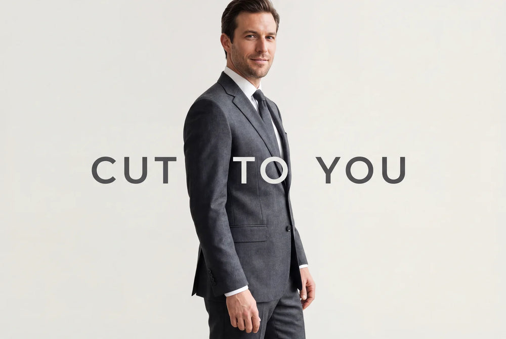 A man in a precisely fitted charcoal suit, cut to the individual body