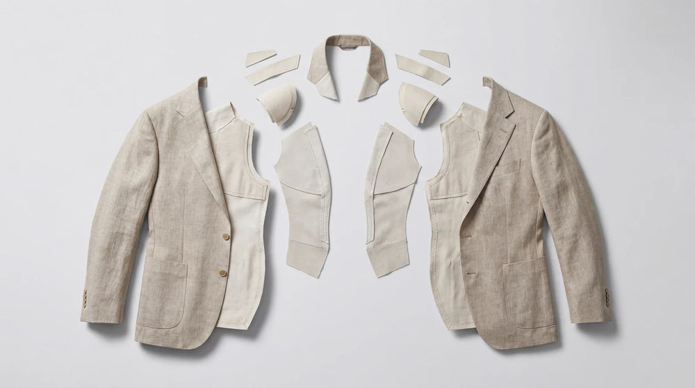 A linen suit jacket deconstructed into its panels and inner structure, laid out symmetrically on a grey background