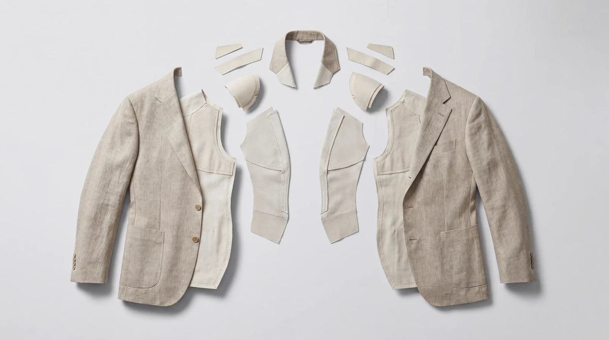 A linen suit jacket deconstructed into its panels and inner structure, laid out symmetrically on a grey background