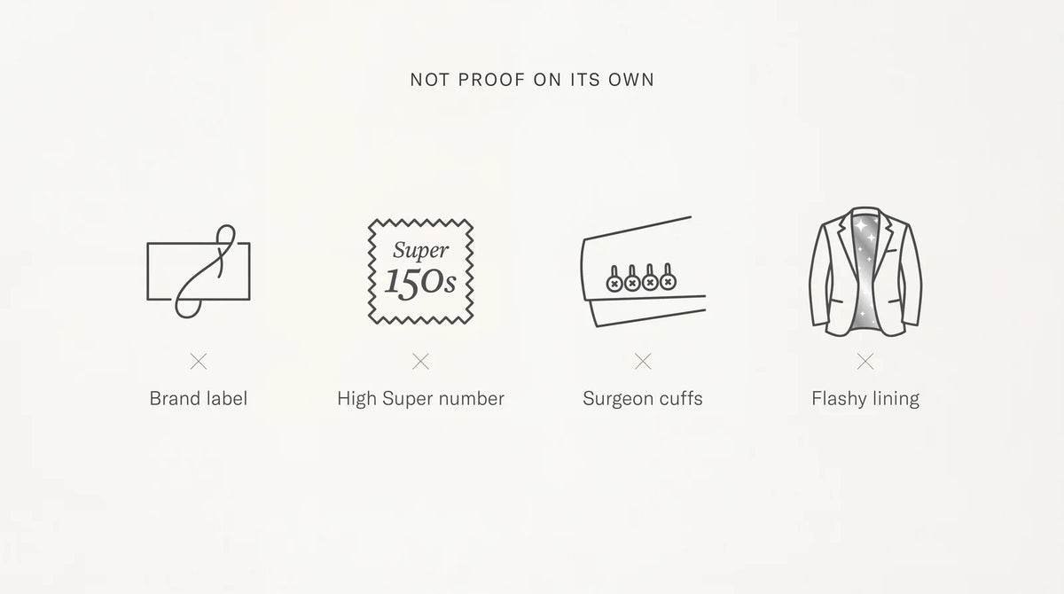 Signals that are not proof of a quality suit: brand label, high Super number, surgeon cuffs, flashy lining