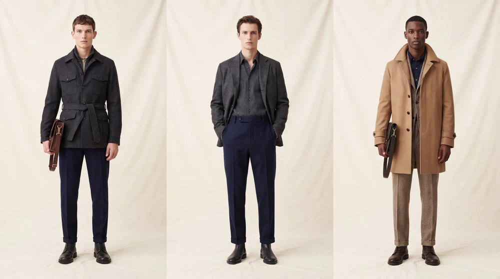 Three straight-build men in structured, waist-defined tailored outfits