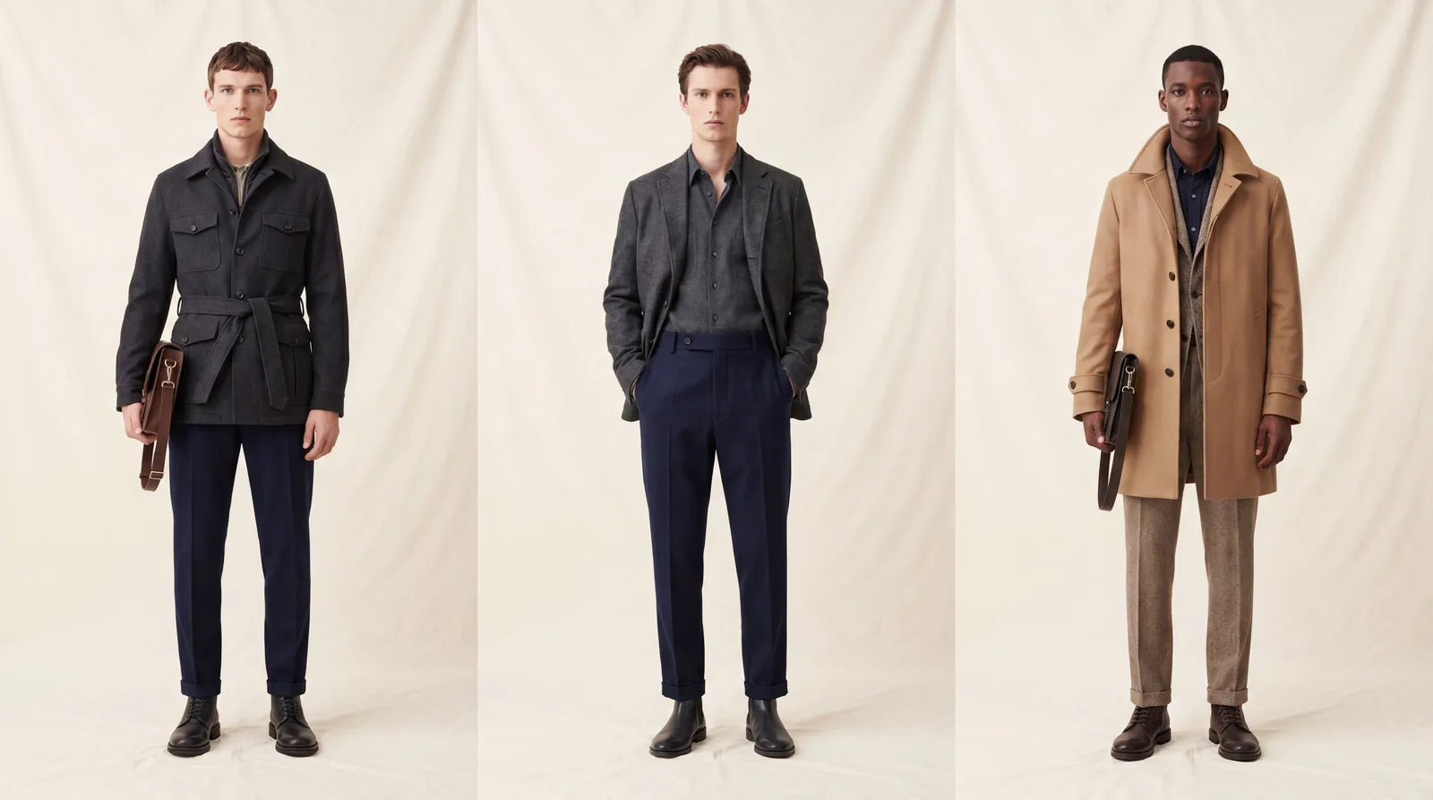 Three straight-build men in structured, waist-defined tailored outfits